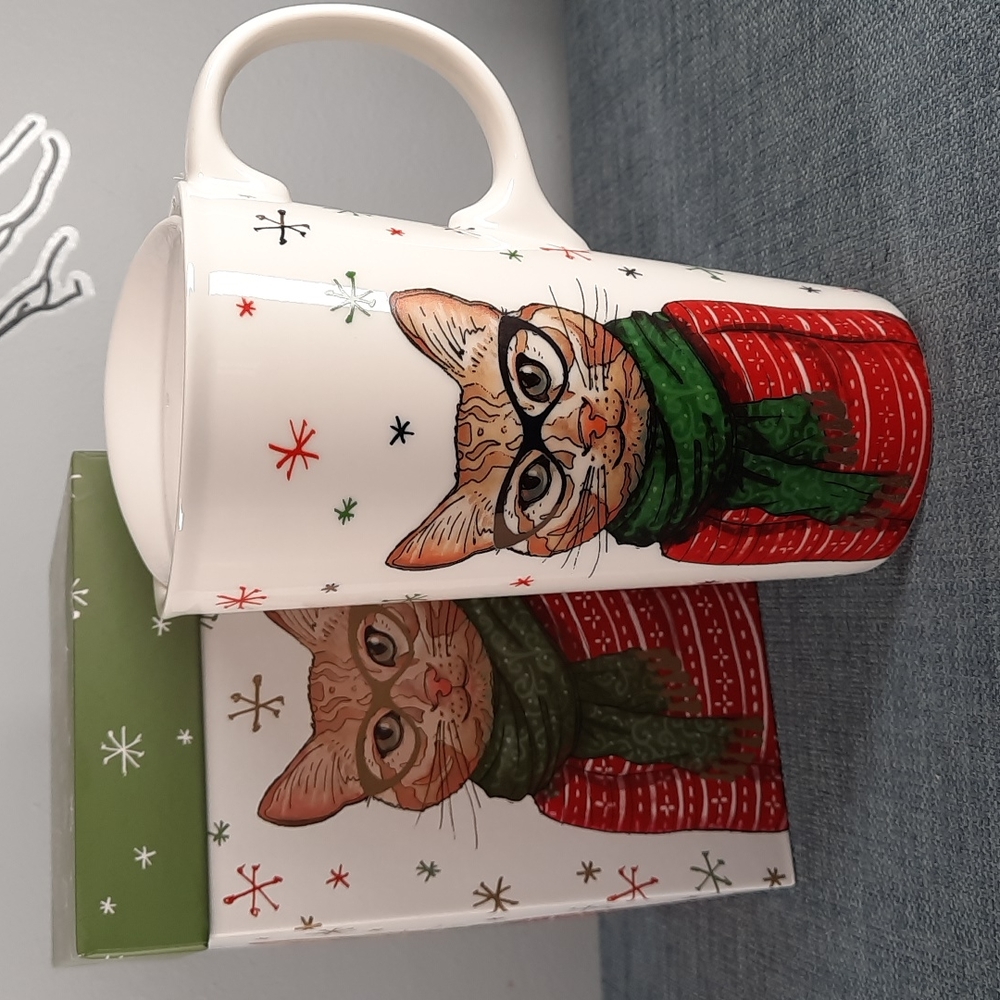 Ceramic Travel Latte Tea Coffee Mug Cup Lid Tabby Cat Scarf Glasses Kitten Fun